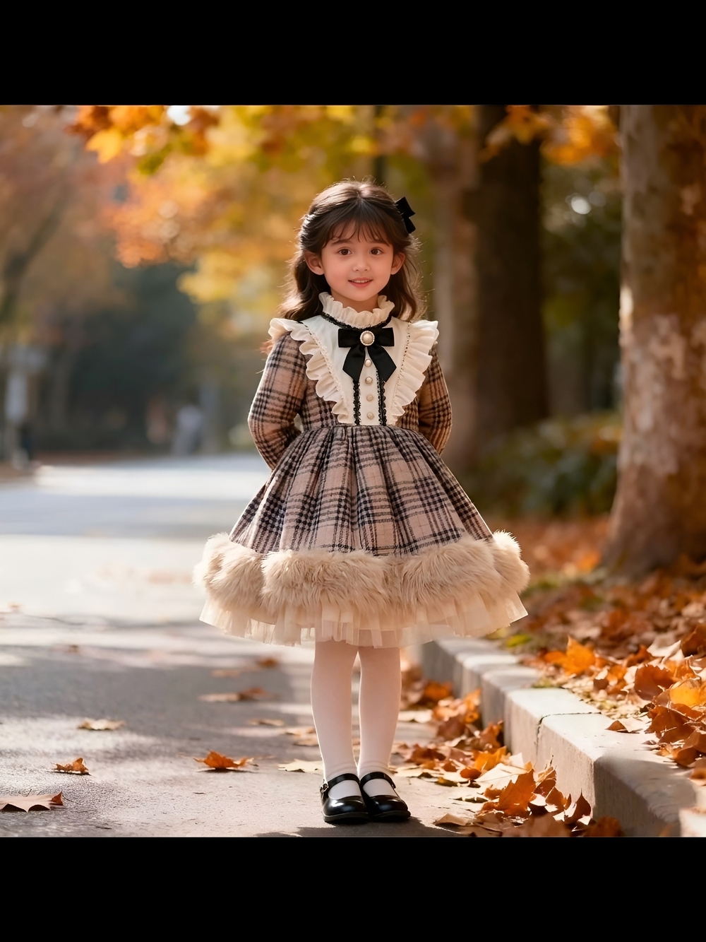 Classic Plaid Girls' Fancy Dress with Faux-Fur Trim - Cream & Brown